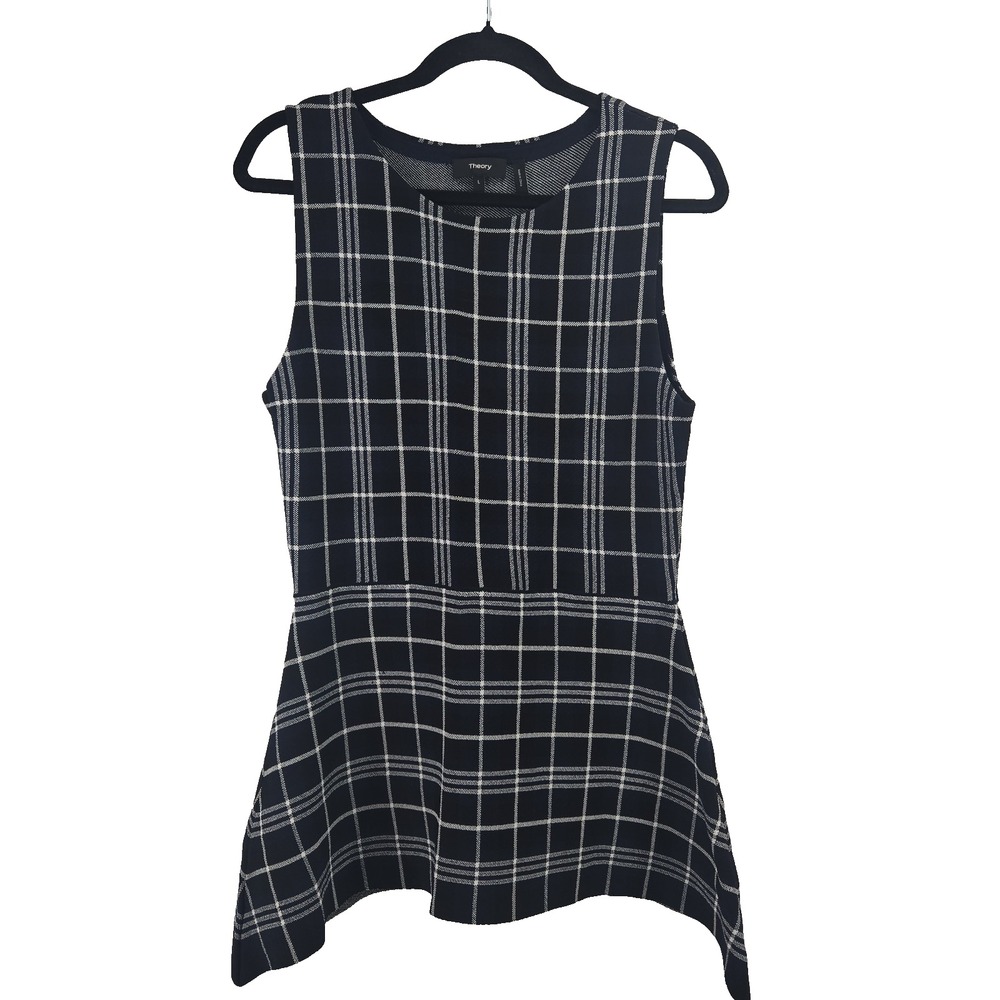 THEORY Women's Large Navy Checkered Sleeveless Nylon Knit Peplum Top